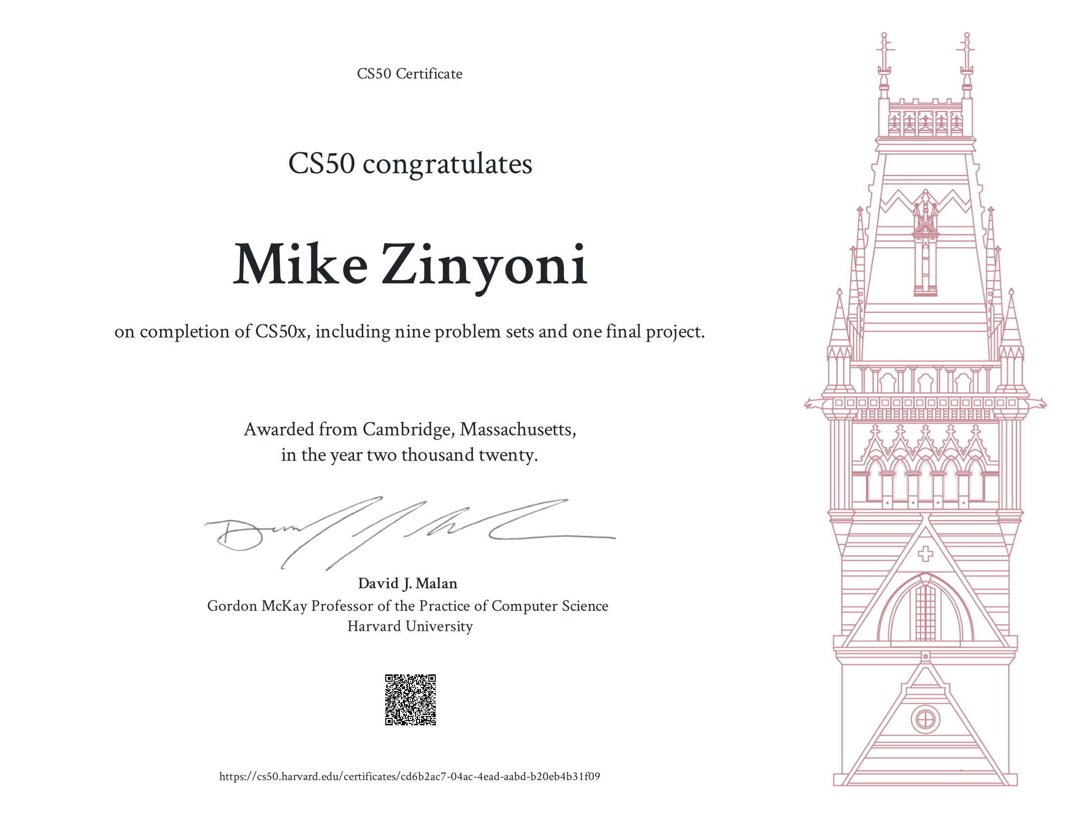Mike Zinyoni's CS50 Introduction to Computer Science awarded by Harvard University